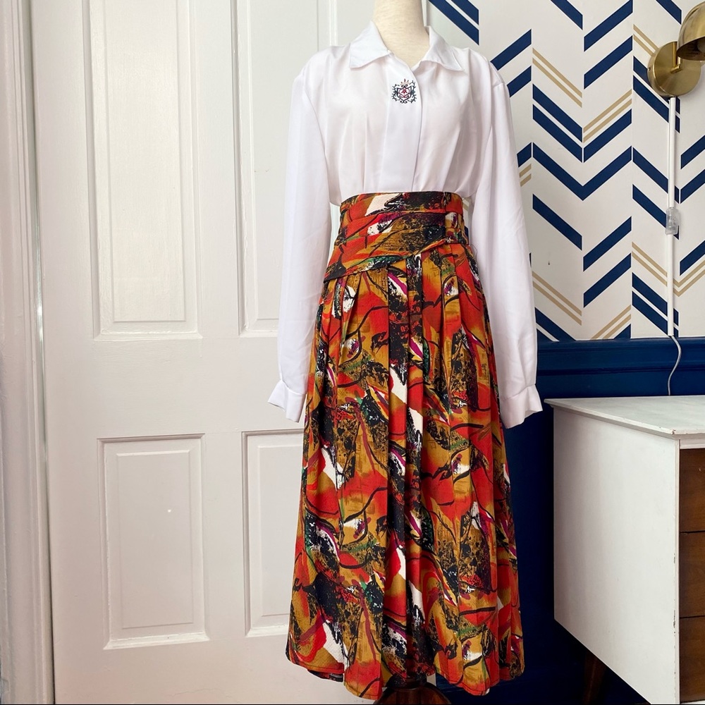 Vintage Luigi Rossi Watercolor Fall Print A Line Pleated Skirt Women’s Size 8-10